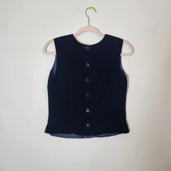 Vintage Merona XS Top Navy Blue Velvet Silk Button Up Back Pleating Oversized - Picture 2 of 6